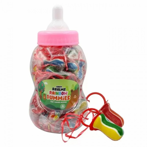 30 x Rainbow Dummies Lollies Candy Realms 60g In Baby Bottle Jar